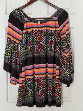 Yahada Boho Tribal Print Bell Sleeve Tunic Top Neon Aztec Festival